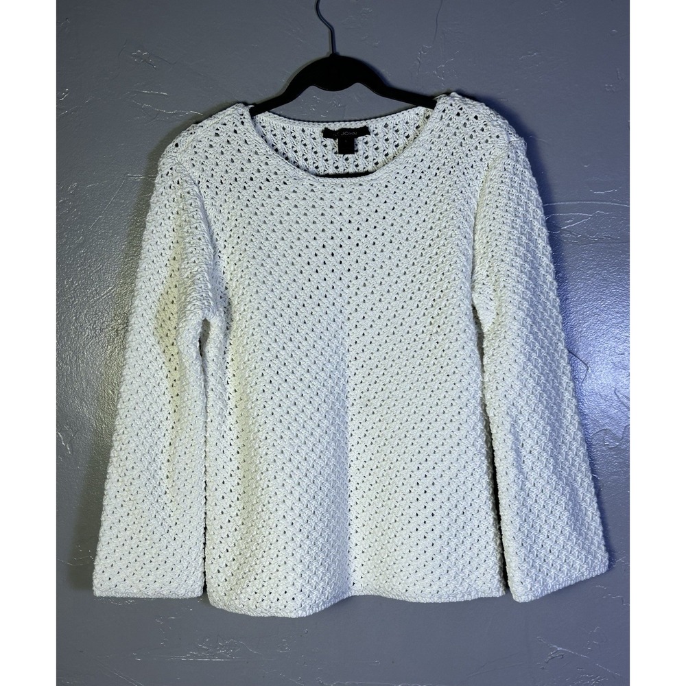 St. John cream white open-knit crewneck sweater Bell Sleeves S Quite Luxury